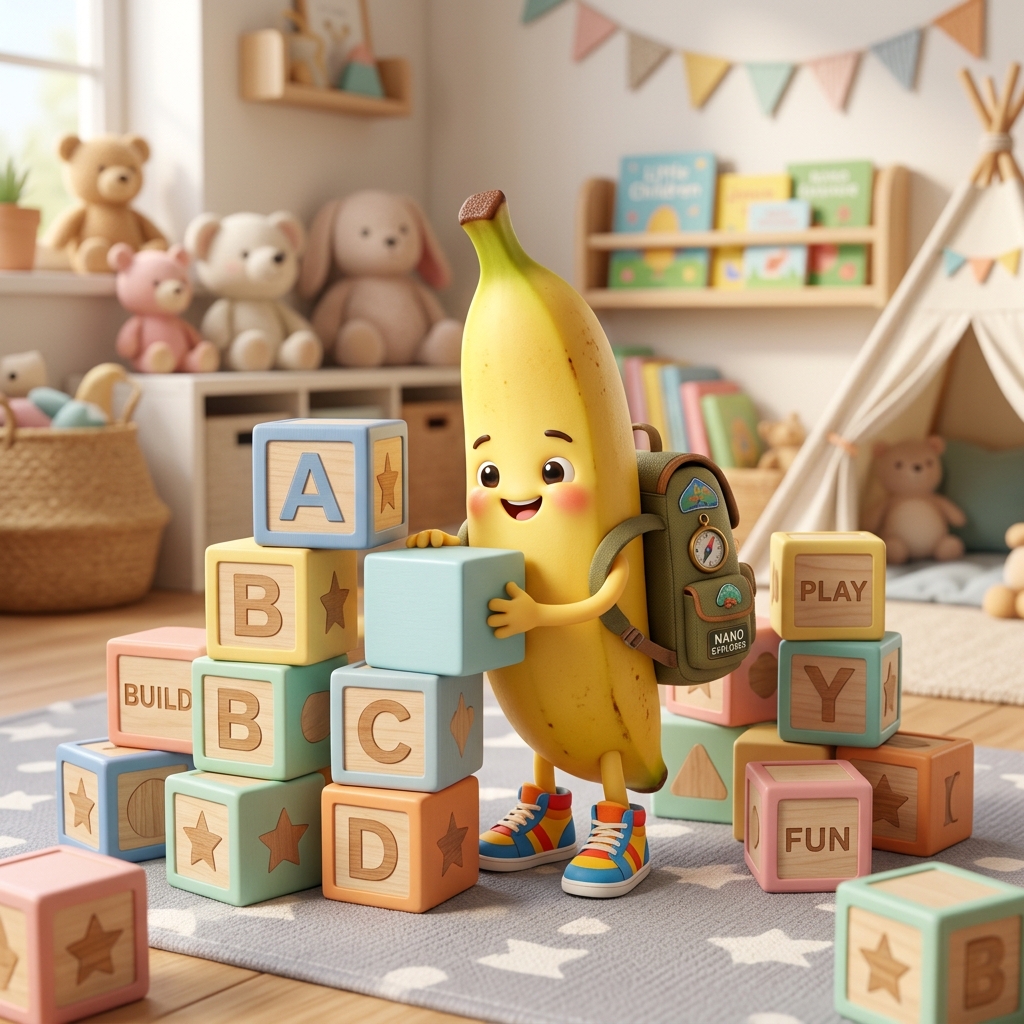 Ana Banana playfully exploring building blocks in the playroom